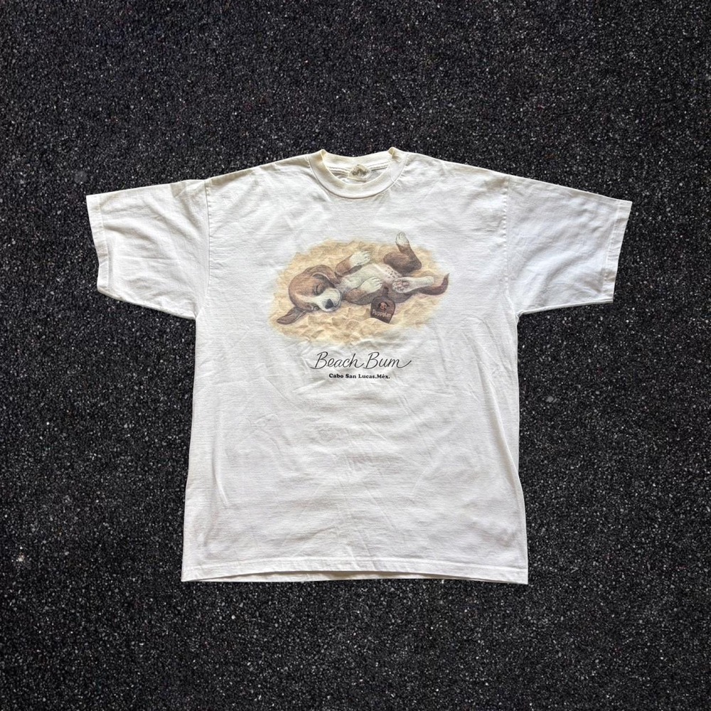 Vintage My Way Beach Bum Cabo‎ San Lucas Beagle Dog T-Shirt XL White Puppy Tan
